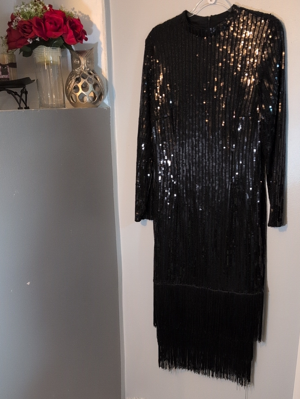 Black Sequin Fringe Long-Sleeve Dress